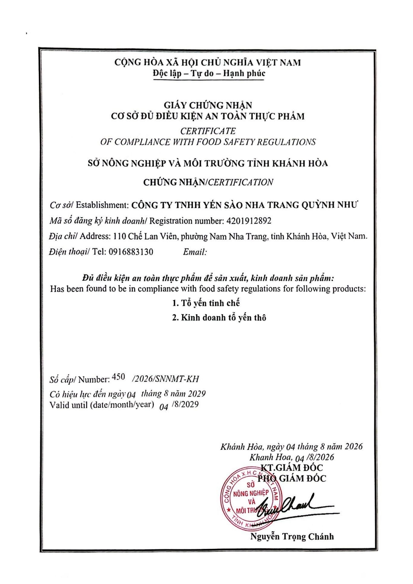 An toàn vệ sinh thực phẩm yến sào Quỳnh Như